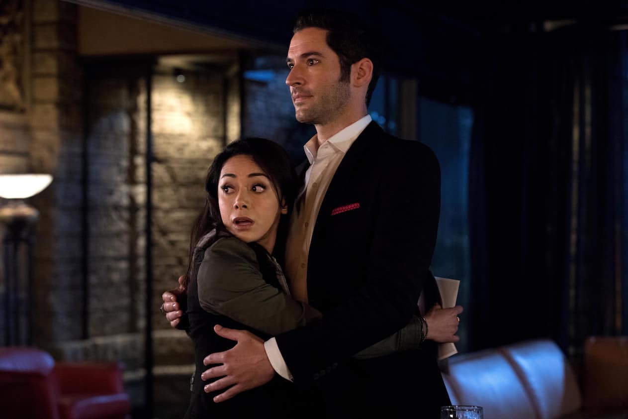 LUCIFER: L-R: Aimee Garcia and Tom Ellis in the "Trip To Stabby Town" episode of LUCIFER airing Monday, Nov. 14 (9:01-10:00 PM ET/PT) on FOX. Â©2016 Fox Broadcasting Co. Cr: Jack Rowand/FOX