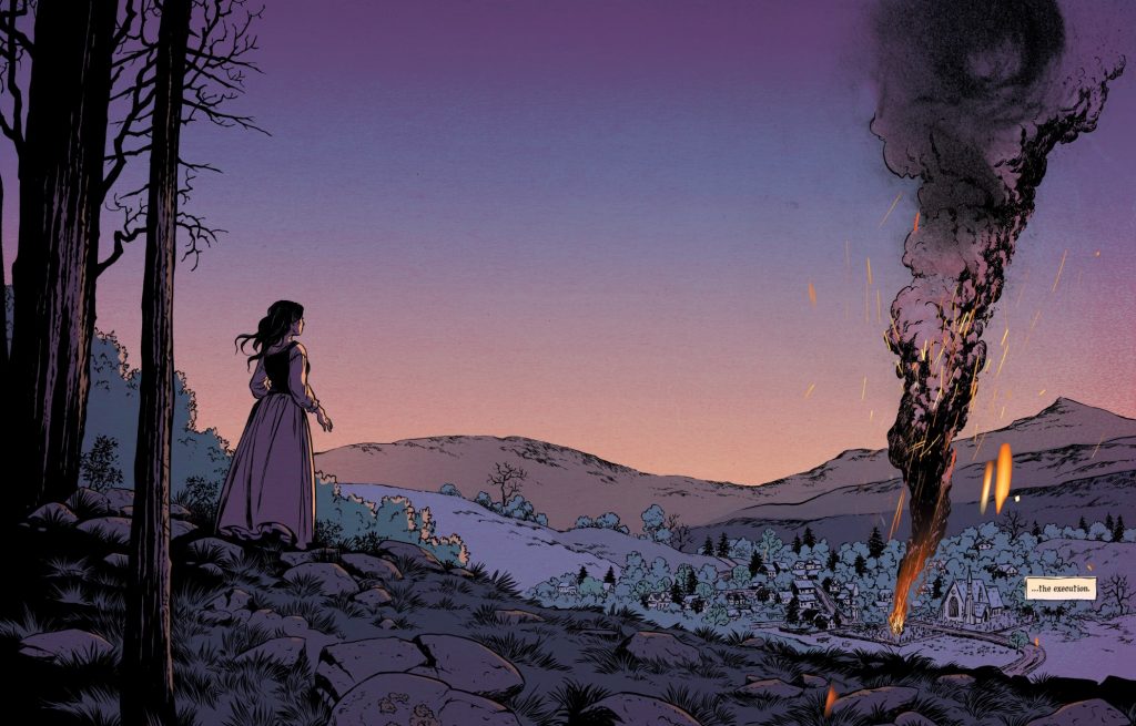 Somna main character Ingrid standing on a hill side looking down at a witch burning.