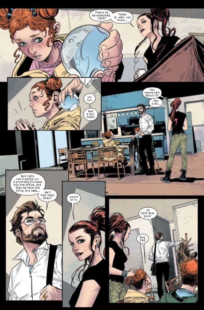 Ultimate Spider-Man early panel of Petere with MJ (his wife) and kids getting ready in the morning.